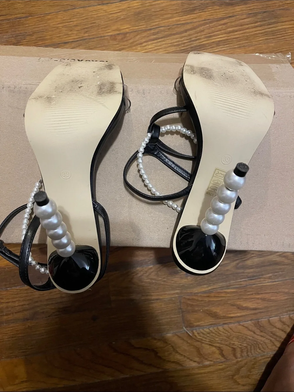 Pearl-Embellished Black Strappy Heels